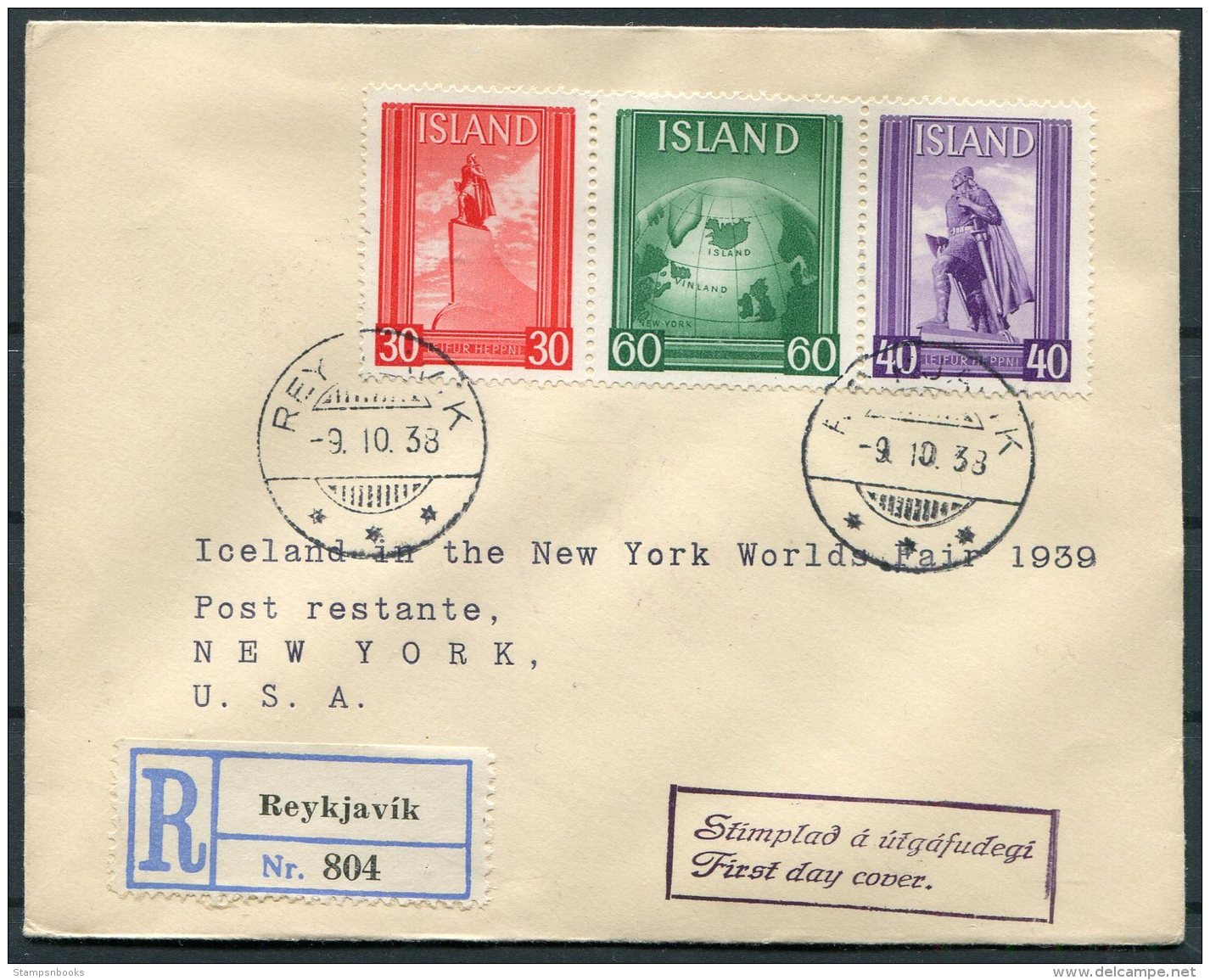 1939 Iceland New York World Fair Registered First Day Cover, FDC - Lettres & Documents