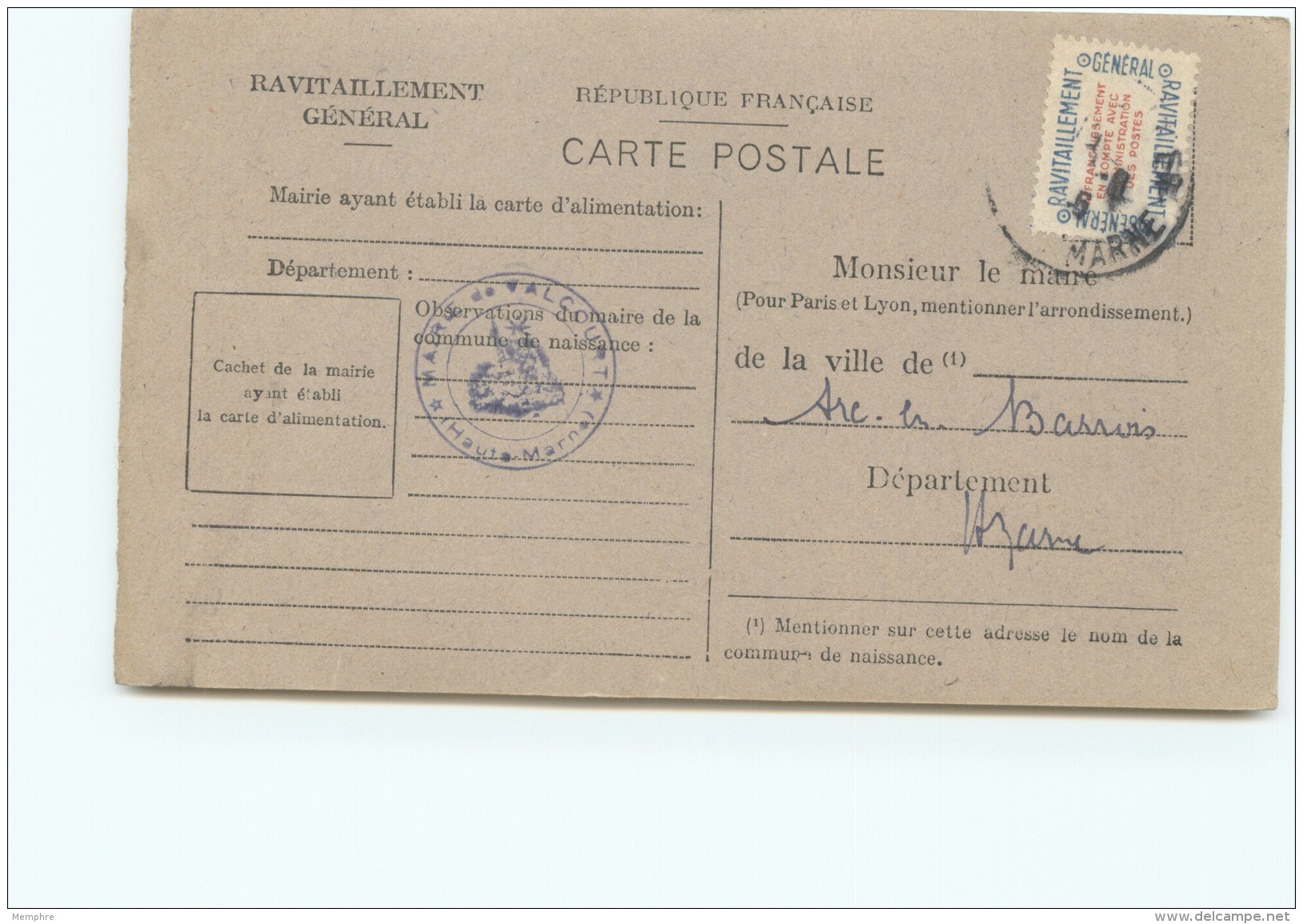 1946  Carte De Ravitaillement Général - Ville Arc-en-Barrois Yv Service 16 - Briefe U. Dokumente