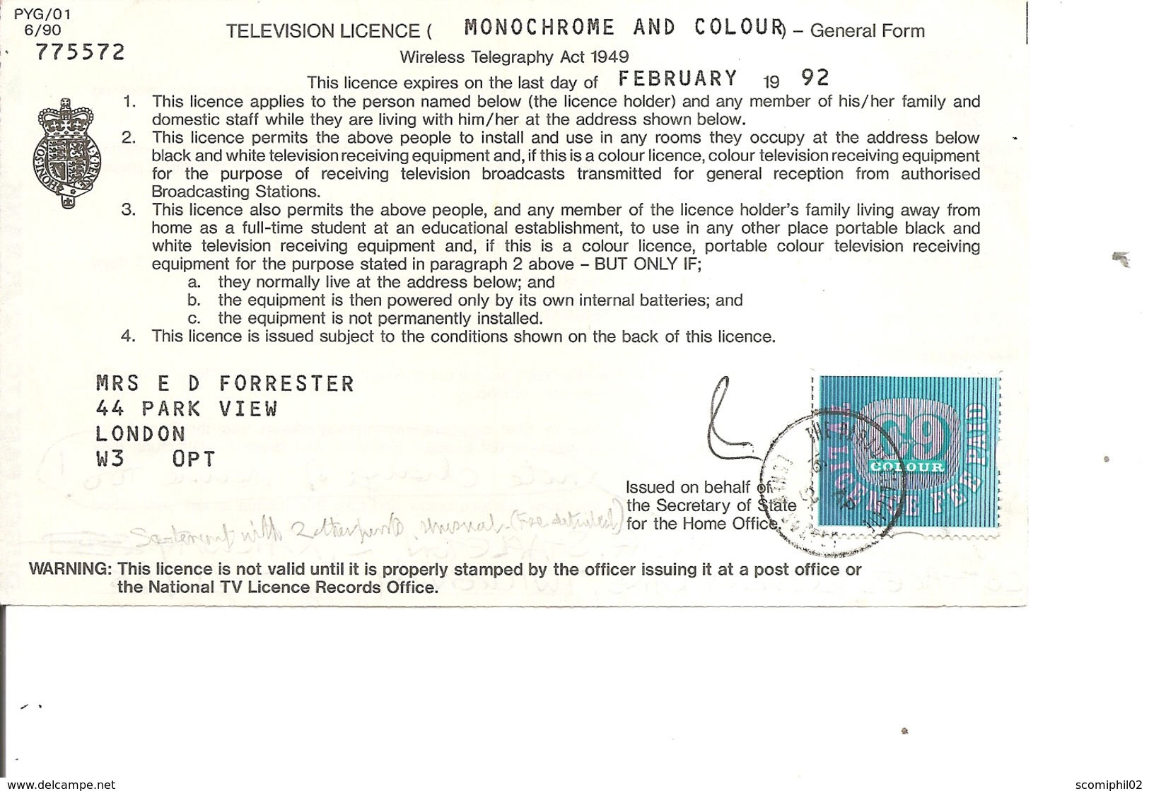 Grande-Bretagne -Licence De Télévision( Document De 1992 à Voir) - Fiscaux