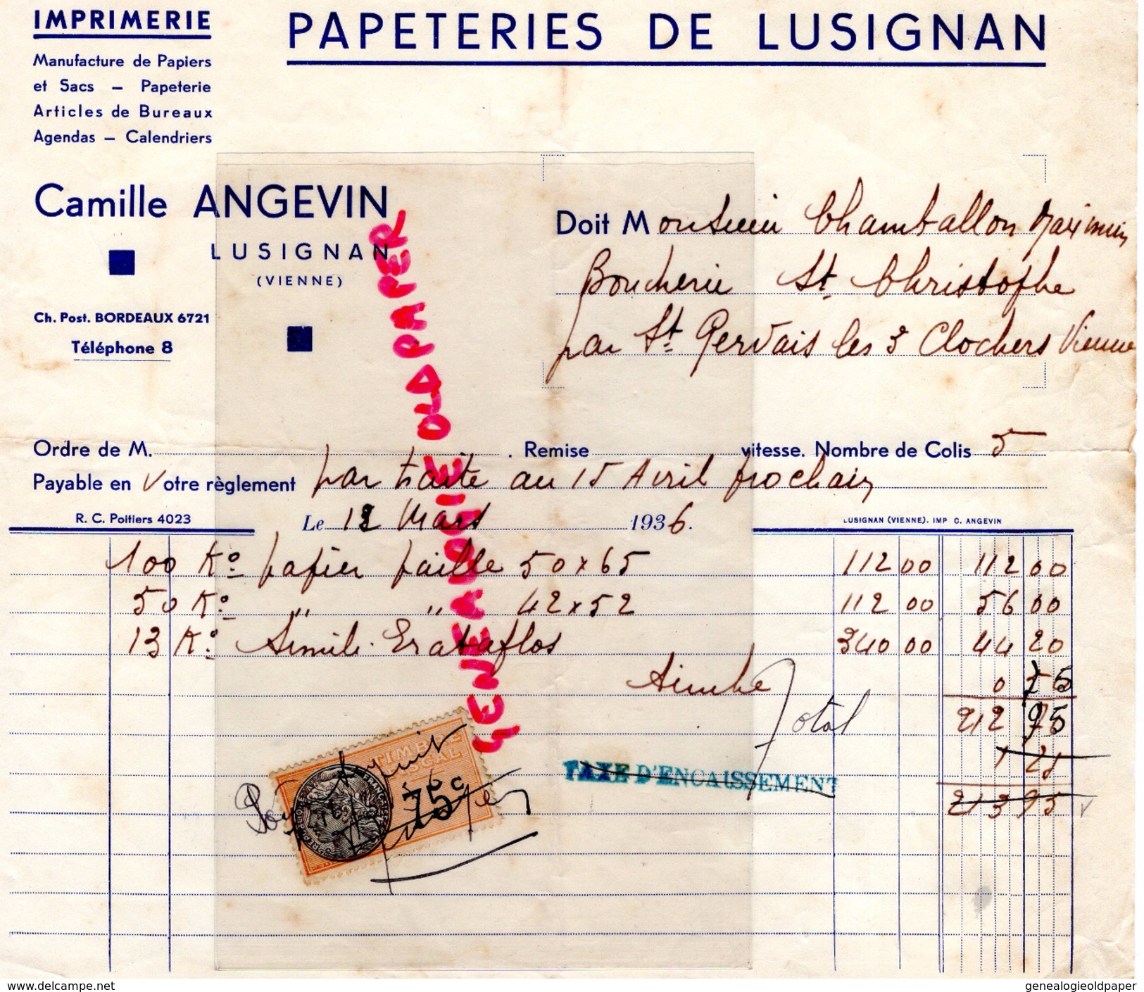 86- LUSIGNAN-FACTURE PAPETERIES DU LUSIGNAN- IMPRIMERIE CAMILLE ANGEVIN- PAPETERIE -1936-CHAMBALLON MAXIMIN ST GERVAIS - Drukkerij & Papieren