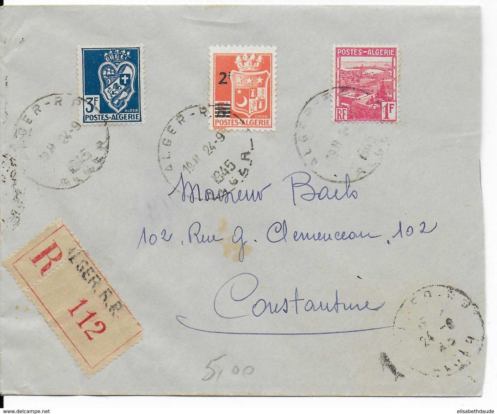 1945 - ALGERIE - ENVELOPPE RECOMMANDEE De ALGER => CONSTANTINE - ARMOIRIES - Brieven En Documenten