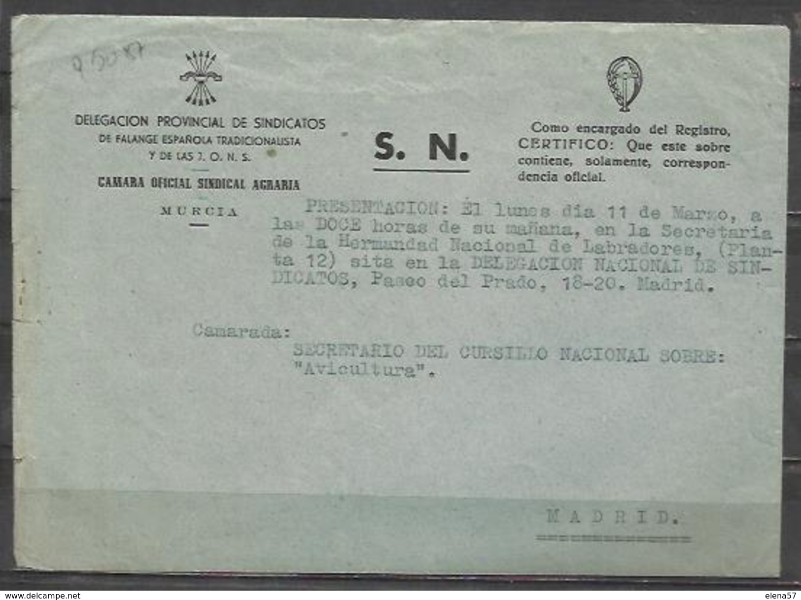 Q5087-CARTA FRANQUICIADA FALANGE MURCIA AVICULTURA HERMANDAD NACIONAL DE LABRADORES MADRID.PRO GUERRA CIVIL.HISTORIA POS - Vrijstelling Van Portkosten