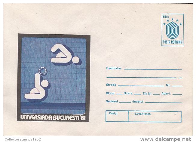 61185- WORLD UNIVERSITY GAMES, WATER POLO, COVER STATIONERY, 1981, ROMANIA - Wasserball