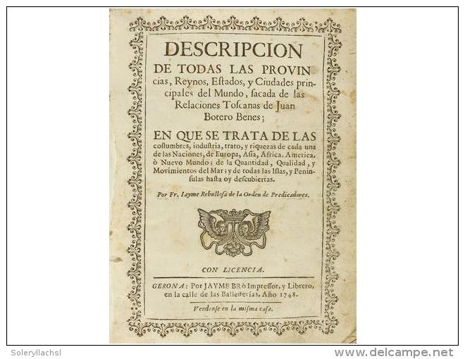 1748. LIBRO: (LOCAL). REBULLOSA, IAIME: DESCRIPCION DE TODAS LAS PROVINCIAS, REYNOS,... - Ohne Zuordnung