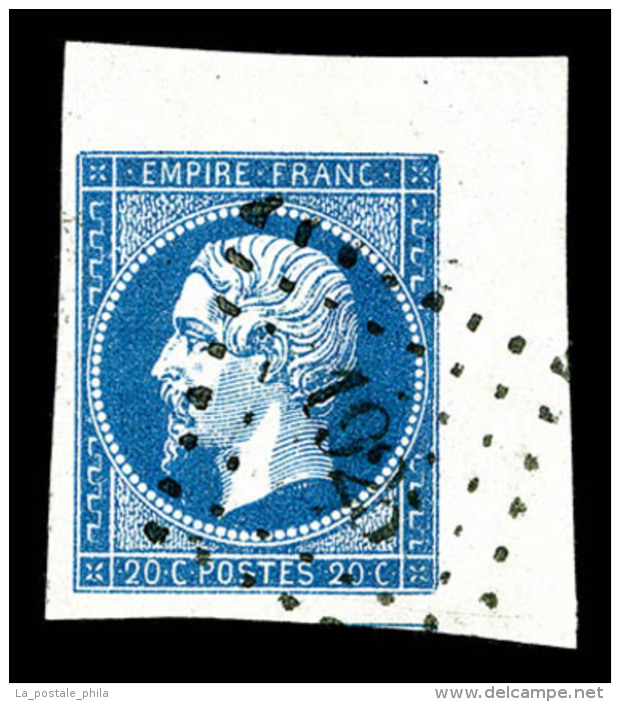 O N&deg;14A, 20c Bleu Type I Coin De Feuille, Obl PC '1925' Leg&egrave;re, Pi&egrave;ce Choisie, SUP (sign&eacute;... - 1853-1860 Napoleon III