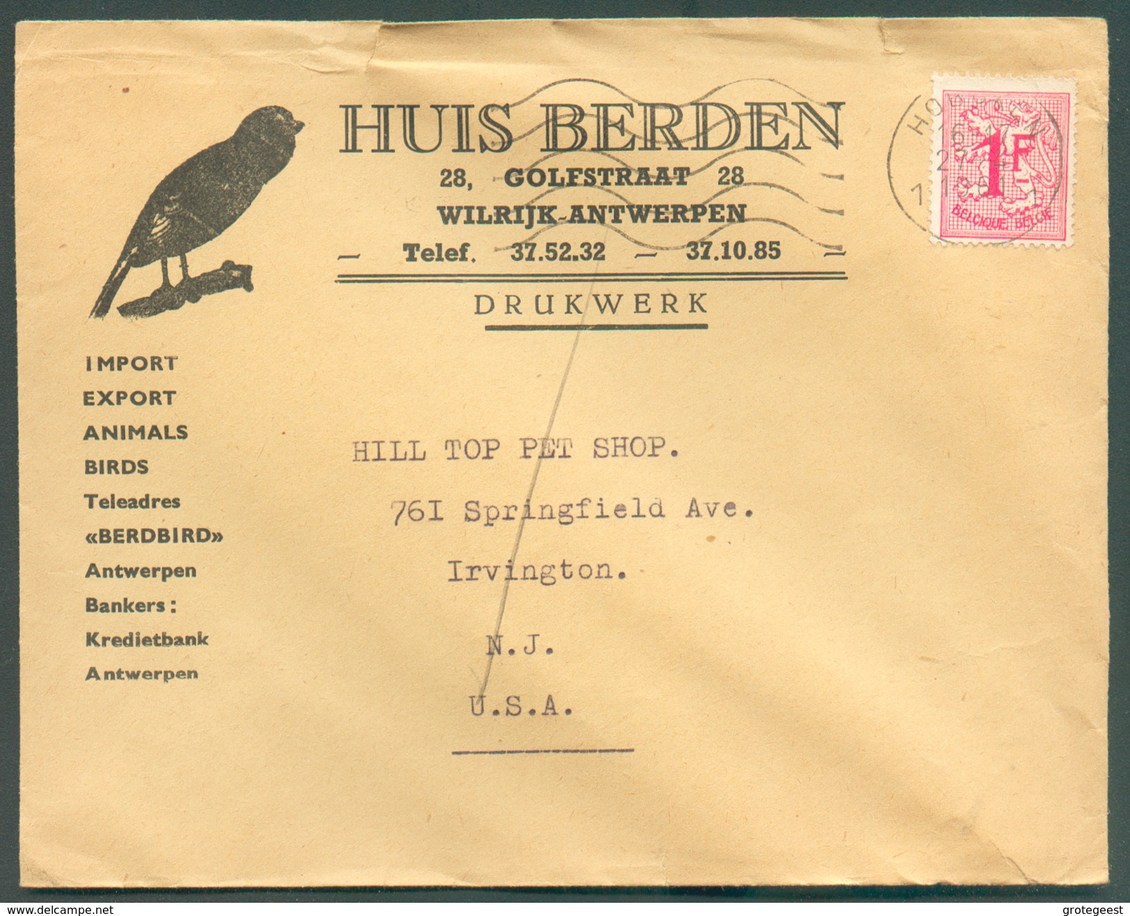 BELGIUM BIRD Env. Illustrated HUIS BERDEN  Franked 1F LION  Cancelled HOBOKEN To USA- 11978 - Passereaux