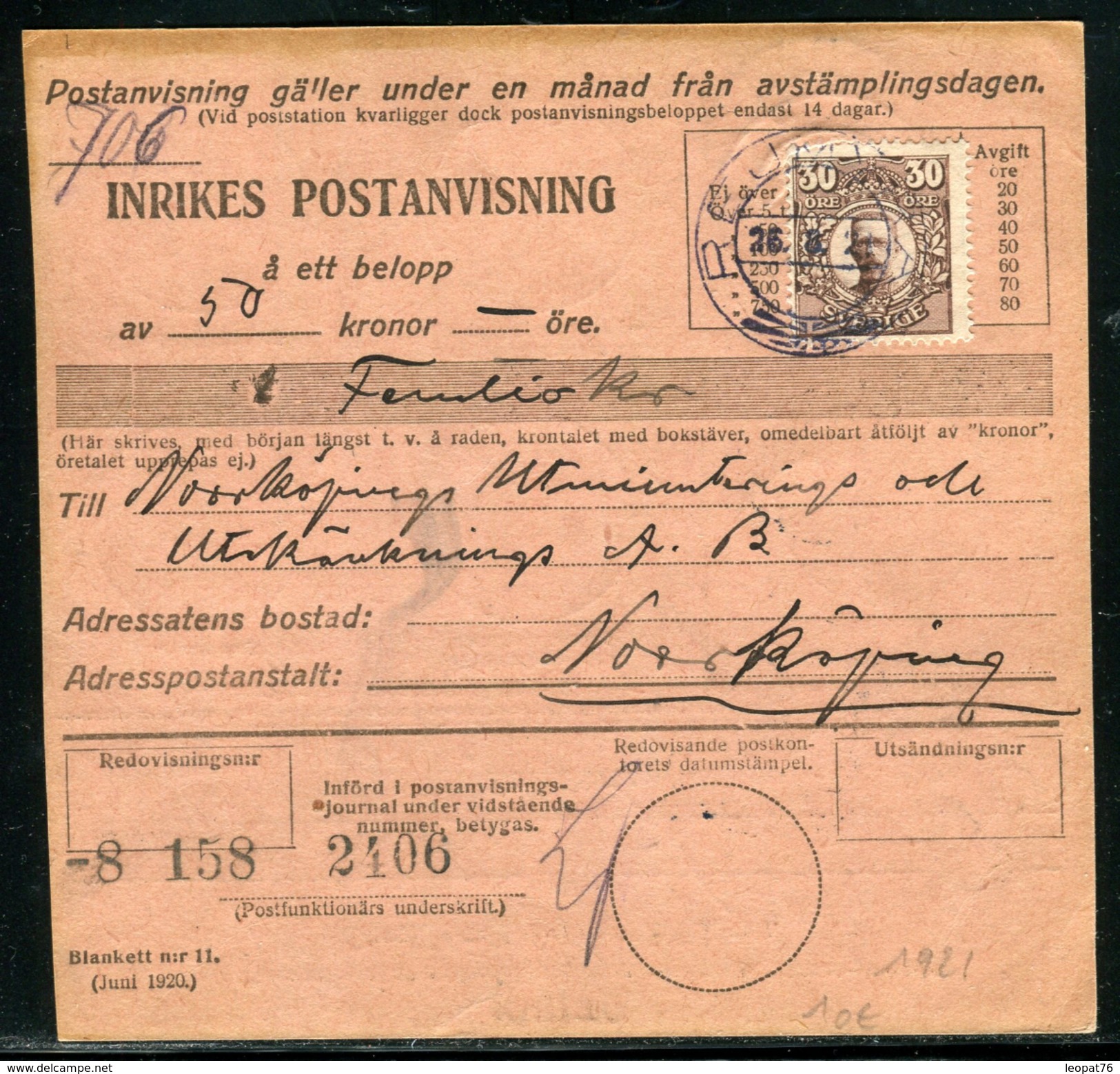 Suède - Document Postal Pour Norrkoping En 1921 - Ref  J 86 - Briefe U. Dokumente