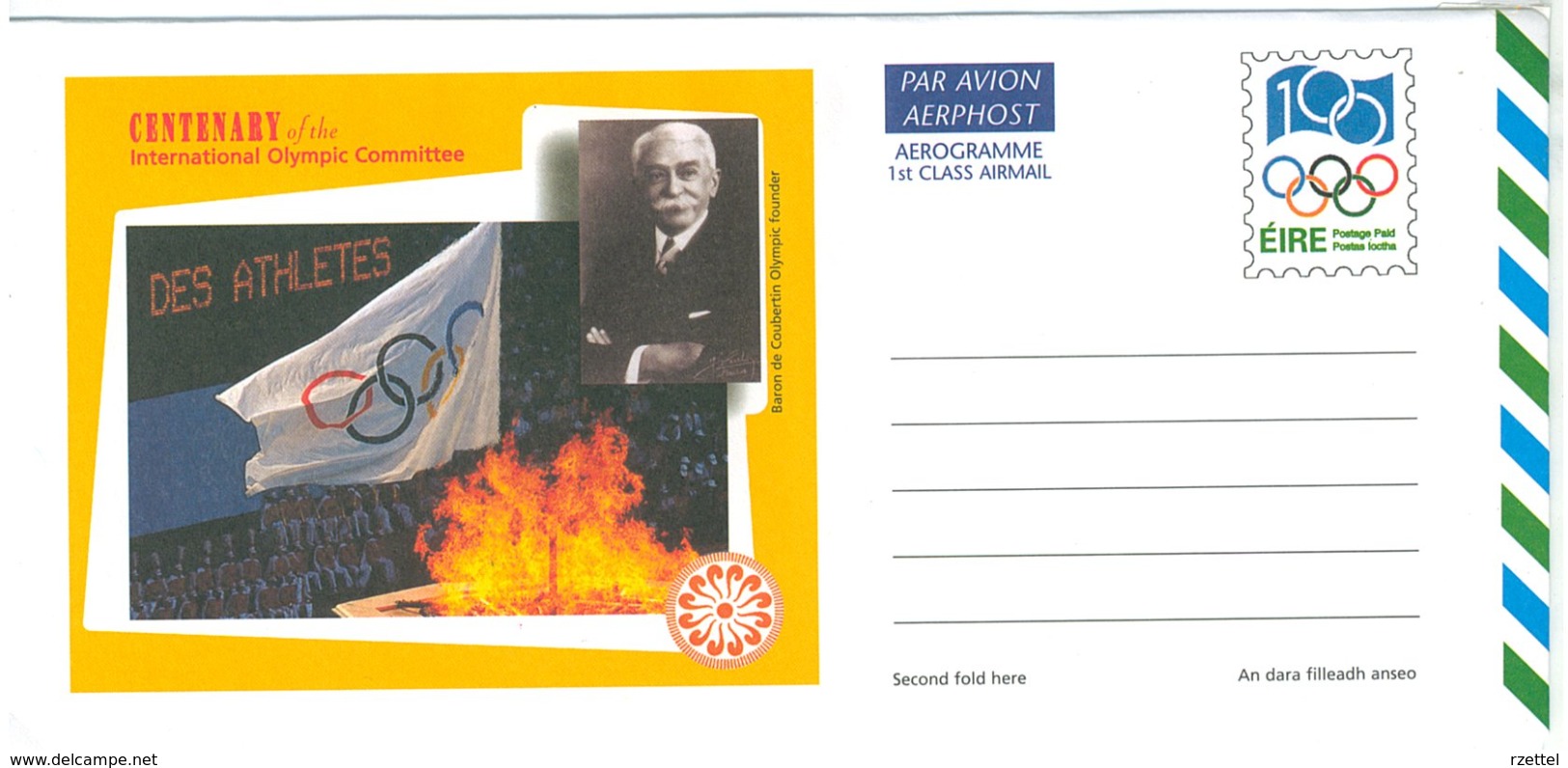 Irland, Aerogramme 1994, Postage Paid, Centenary Of The Intenational Olympic Comitee, Baron De Coubertin - Posta Aerea