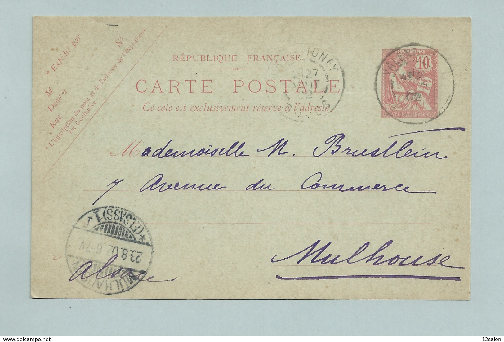 ENTIER Carte Postale 10 Ct  MOUCHON 1902 De VALENTIGNEY DOUBS  Pour MULHOUSE - Standard- Und TSC-AK (vor 1995)