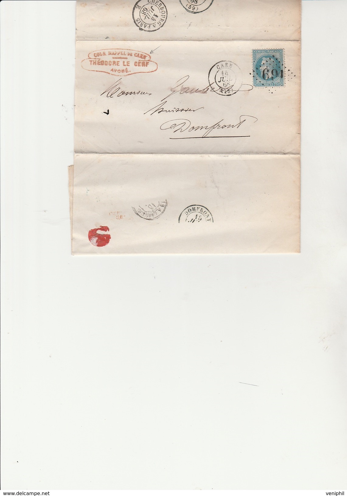 LETTRE AFFRANCHIE N°29 A LOSANGE GROS CHIFFRES CAD CAEN 14 JUILLET 1868 - 1863-1870 Napoléon III. Laure