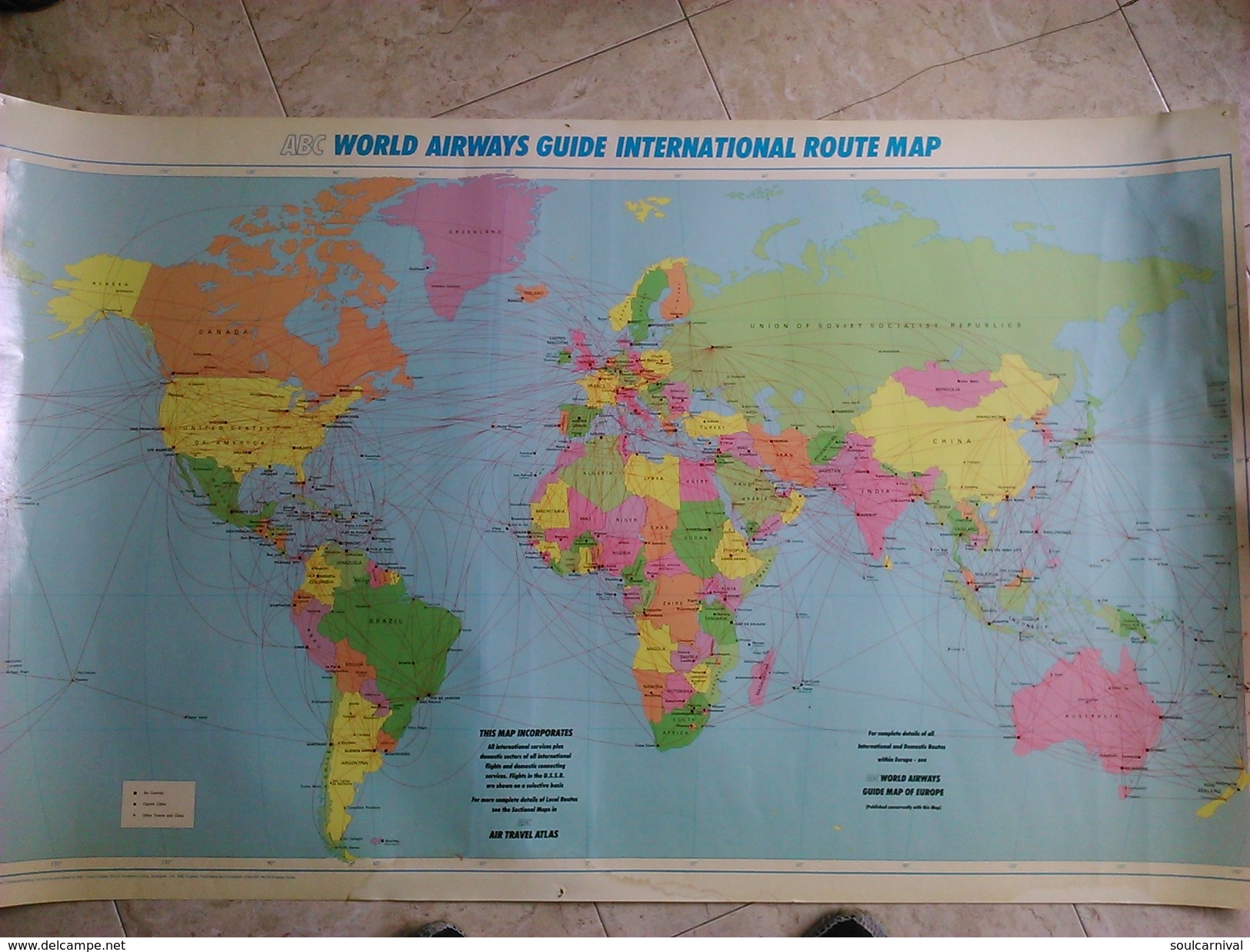 ABC WORLD AIRWAYS GUIDE INTERNATIONAL ROUTE MAP. 1985 APROX. 121,5X71,5 CM. AIRLINES. - World