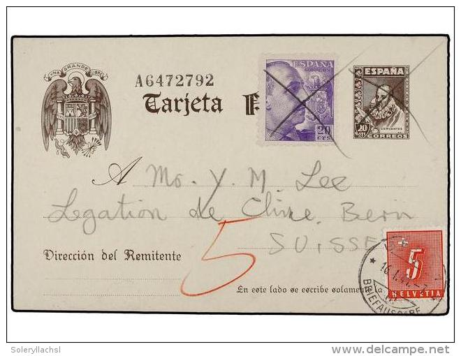 ESPA&Ntilde;A ENTEROS POSTALES. 1941. MADRID A SUIZA. Entero Postal De 20 Cts. Casta&ntilde;o Con Franqueo... - Andere & Zonder Classificatie