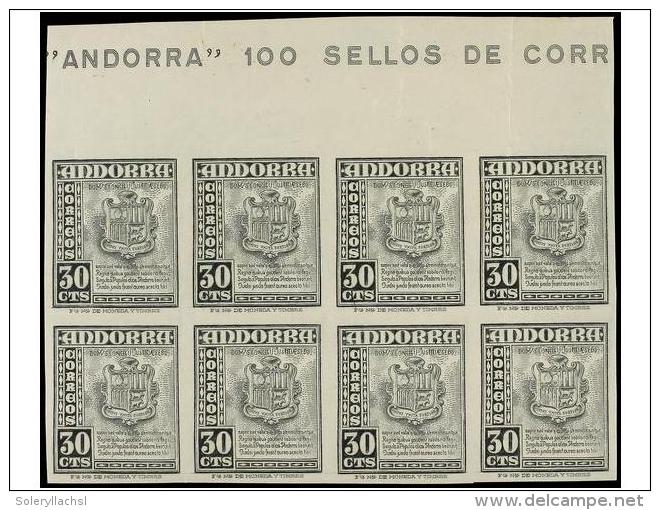 ** ANDORRA. Ed.50s (8). 30 Cts. Verde Oliva. Bloque De Ocho SIN DENTAR Cabecera De Pliego Con Parte... - Other & Unclassified