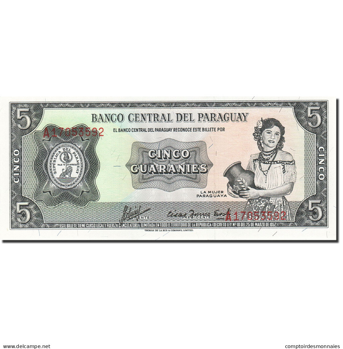 Billet, Paraguay, 5 Guaranies, 1952, 1952, KM:195b, SPL - Paraguay