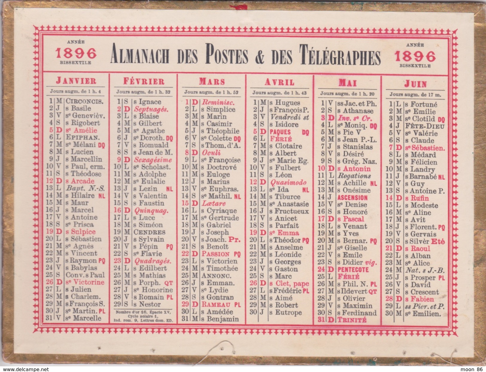 CALENDRIER ANNÉE BISSEXTILE  1896 - ALMANACH DES POSTES  ET DES TELEGRAPHES - - Klein Formaat: ...-1900