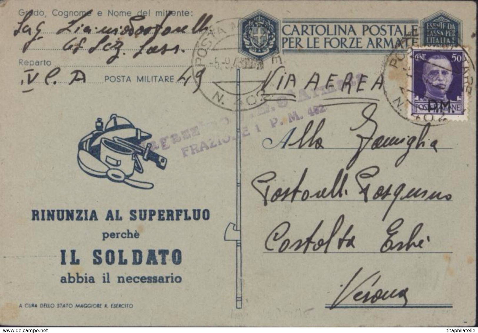 Seconda Guerra Mondiale Carte Propagande Posta Militare PM 402 Intendance Durazzo Timbre FM Surtaxe Aérienne - Albanien