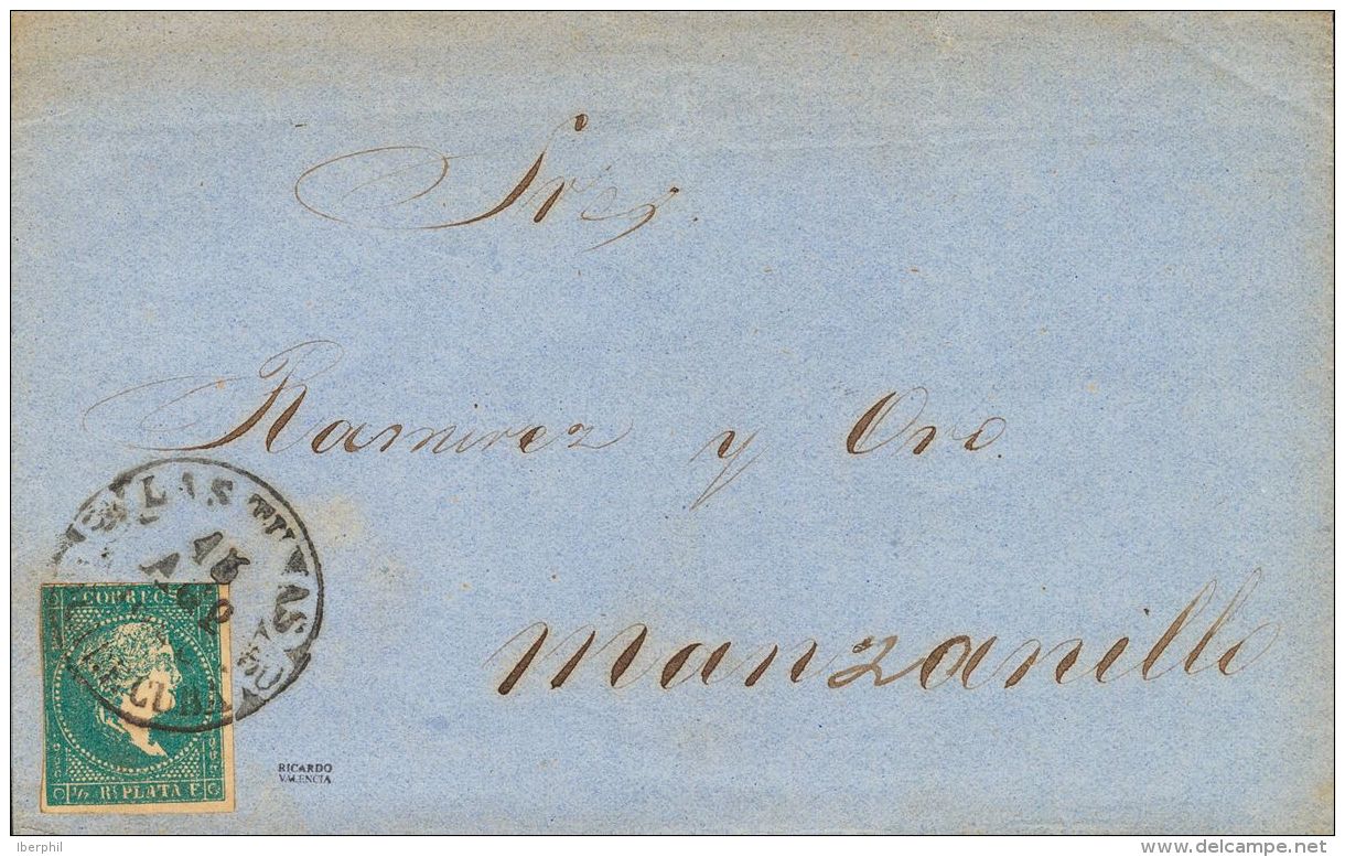 Sobre Ant.7 1860. Cuba. &frac12; Real Azul. LAS TUNAS A MANZANILLO. Matasello Baeza LAS TUNAS / ISLA DE CUBA. MAGNIFICA. - Cuba (1874-1898)