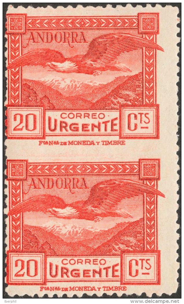 ** 27spv 1929. Andorra. 20 Cts Rojo, Pareja Vertical. SIN DENTAR ENTRE LOS SELLOS. BONITA Y RARA. (Edifil 2013: 775&euro - Altri & Non Classificati