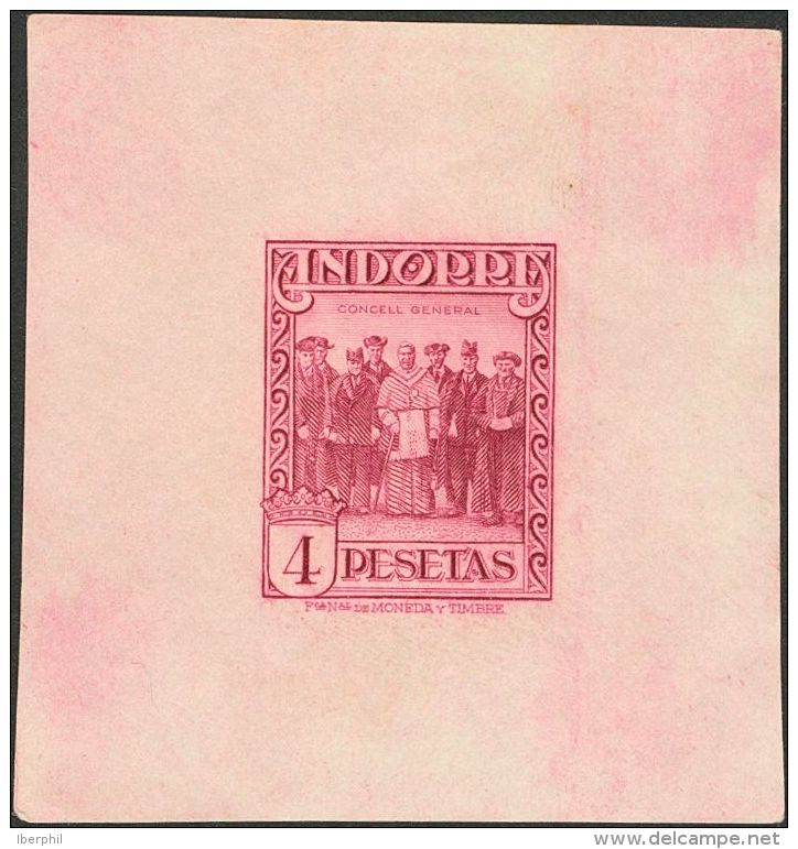 * 25P 1929. Andorra. 4 Pts Rosa Lila. PRUEBA DE PUNZON, Sobre Papel Engomado. MAGNIFICA Y RARA. - Altri & Non Classificati