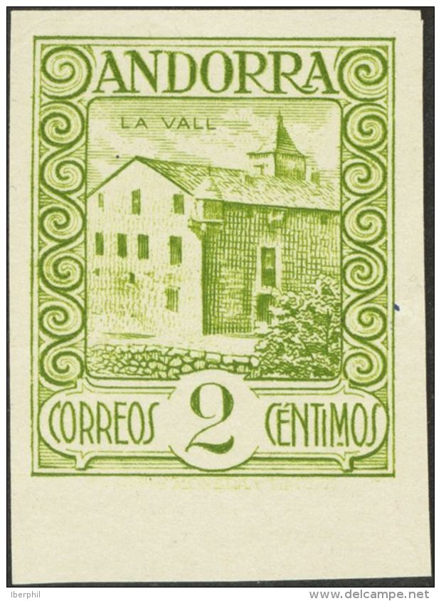 (*) 15sts 1929. Andorra. 2 Cts Verde Oliva, Borde De Hoja. SIN PIE DE IMPRENTA Y SIN DENTAR. MAGNIFICO Y RARO. (Edifil 2 - Altri & Non Classificati