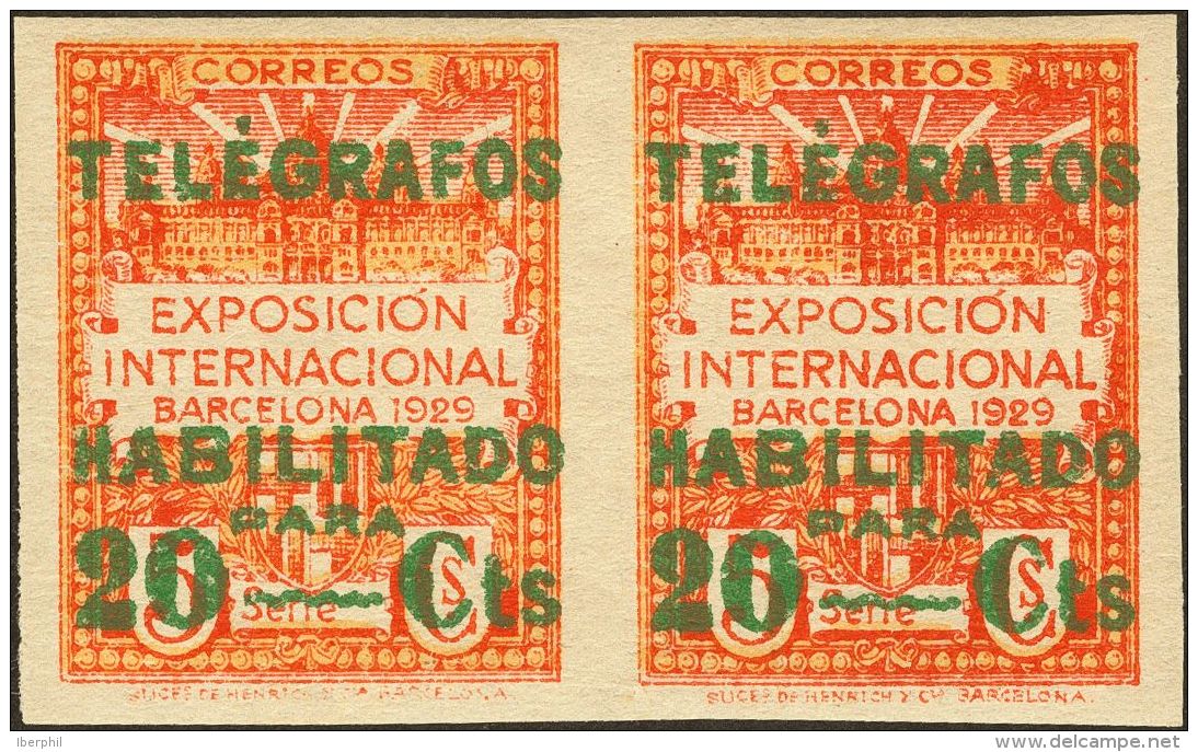 ** 1/3s(2) 1929. Barcelona. Tel&eacute;grafos. Serie Completa, Pareja. SIN DENTAR. MAGNIFICA. (Edifil 2017: 196&euro;) - Barcelone