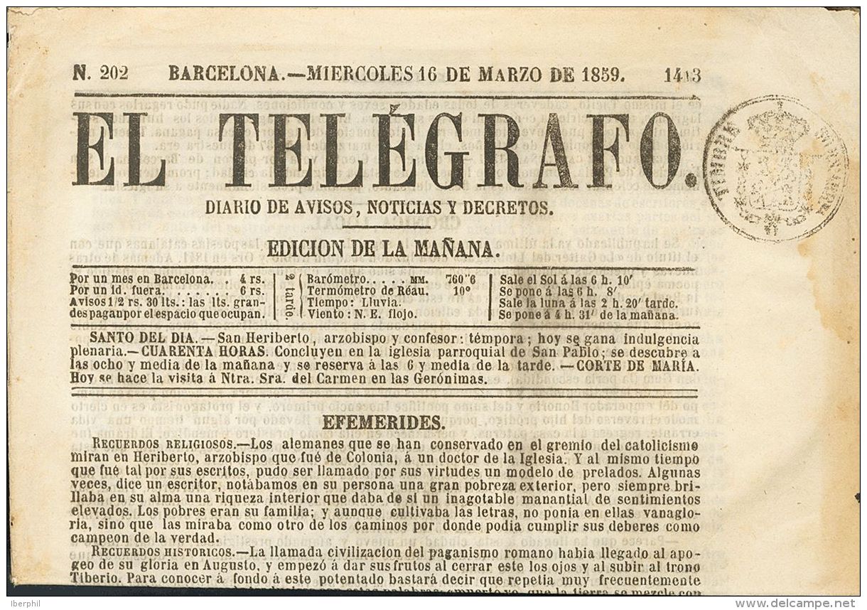 Sobre P1 1859. Espa&ntilde;a. Sello De Peri&oacute;dicos TIMBRE / 30 RS. ARROBA / MADRID, Sobre Peri&oacute;dico (comple - Autres & Non Classés