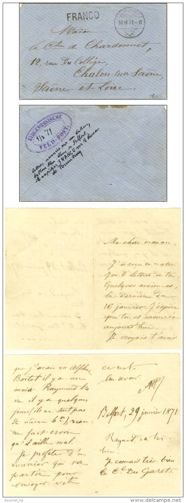 Lettre Avec Texte Dat&eacute; De Belfort Le 29 Janvier 1871 Adress&eacute;e Par Passeur &agrave; Chalon Sur Saone... - Krieg 1870