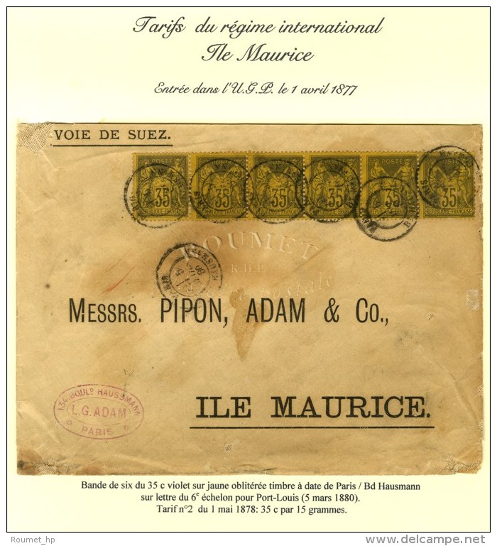 C&agrave;d PARIS / Bd HAUSMANN / N&deg; 93 Bande De 6 Sur Lettre 6 Ports Pour L'&icirc;le Maurice. 1880. - TB. - R. - Autres & Non Classés