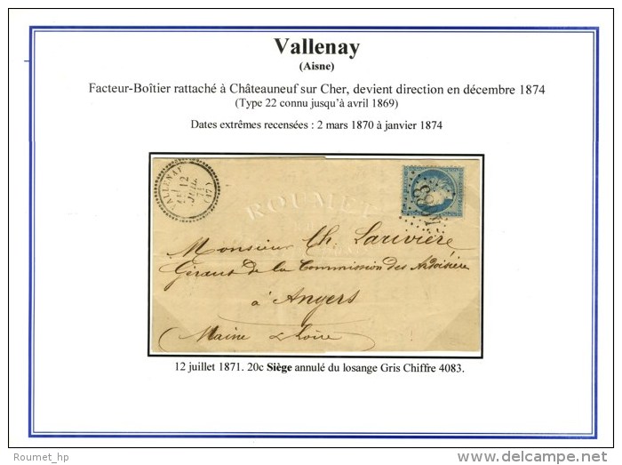 GC 4083 / N&deg; 37 C&agrave;d T 23 VALLENAY (17). 1871. Tr&egrave;s Rare Avec &eacute;mission Du Si&egrave;ge. -... - 1871-1875 Cérès