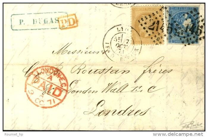 GC 2145 / N&deg; 28 + 46 C&agrave;d LYON / LES TERREAUX Sur Lettre Pour Londres. 1871. - TB / SUP. - 1870 Uitgave Van Bordeaux