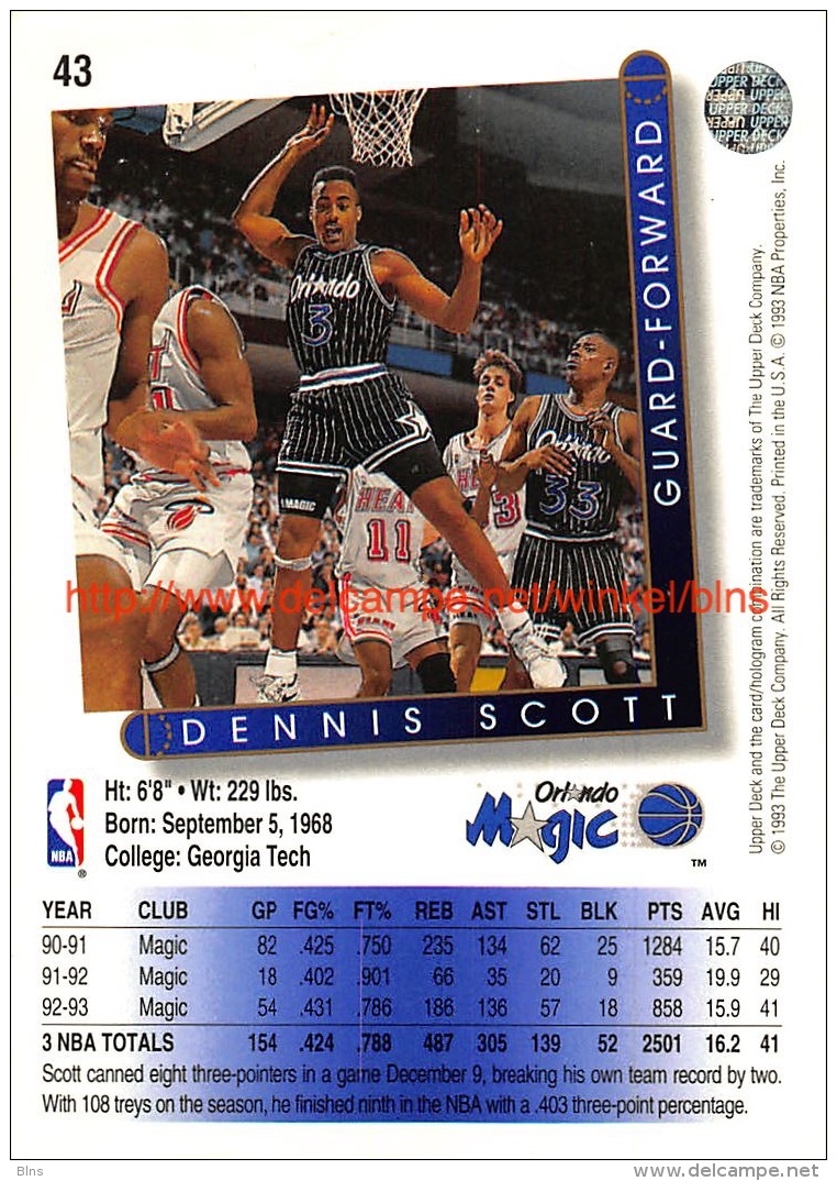 Upper Deck 93/94 Nr: &nbsp;43 Dennis Scott&nbsp; - 1990-1999