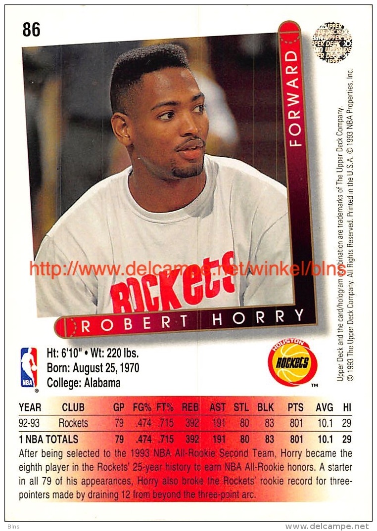 Upper Deck 93/94 Nr: &nbsp;86 Robert Horry&nbsp; - 1990-1999