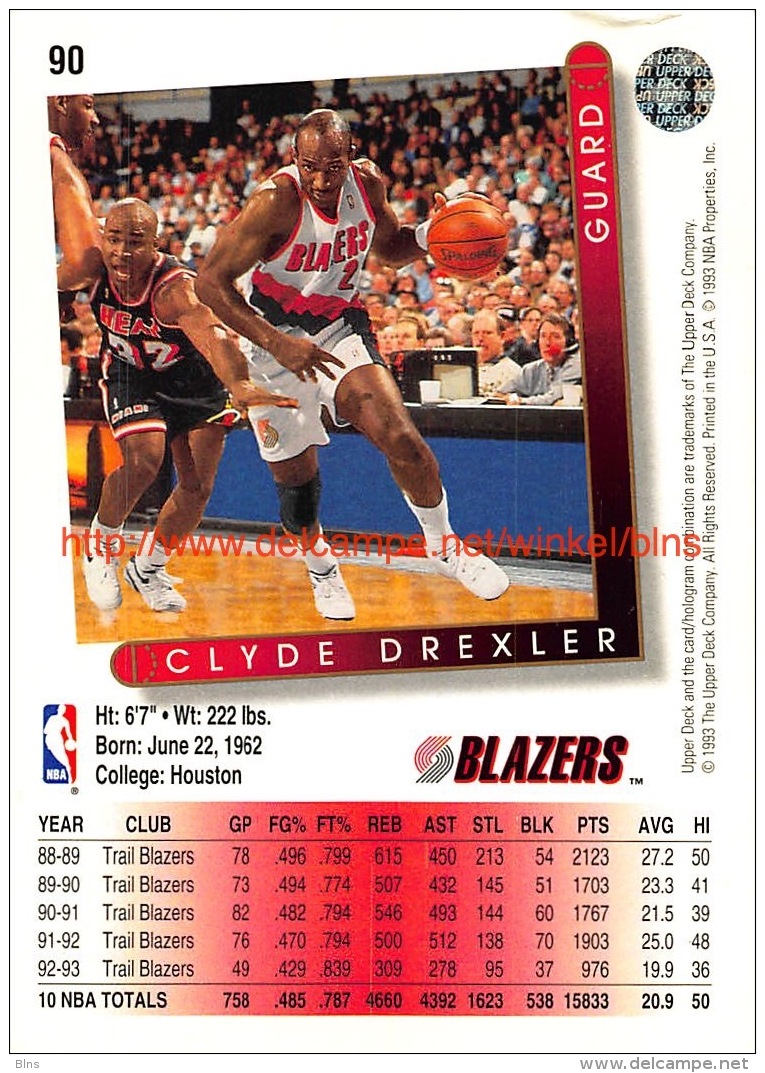 Upper Deck 93/94 Nr: &nbsp;90 Clyde Drexler&nbsp; - 1990-1999