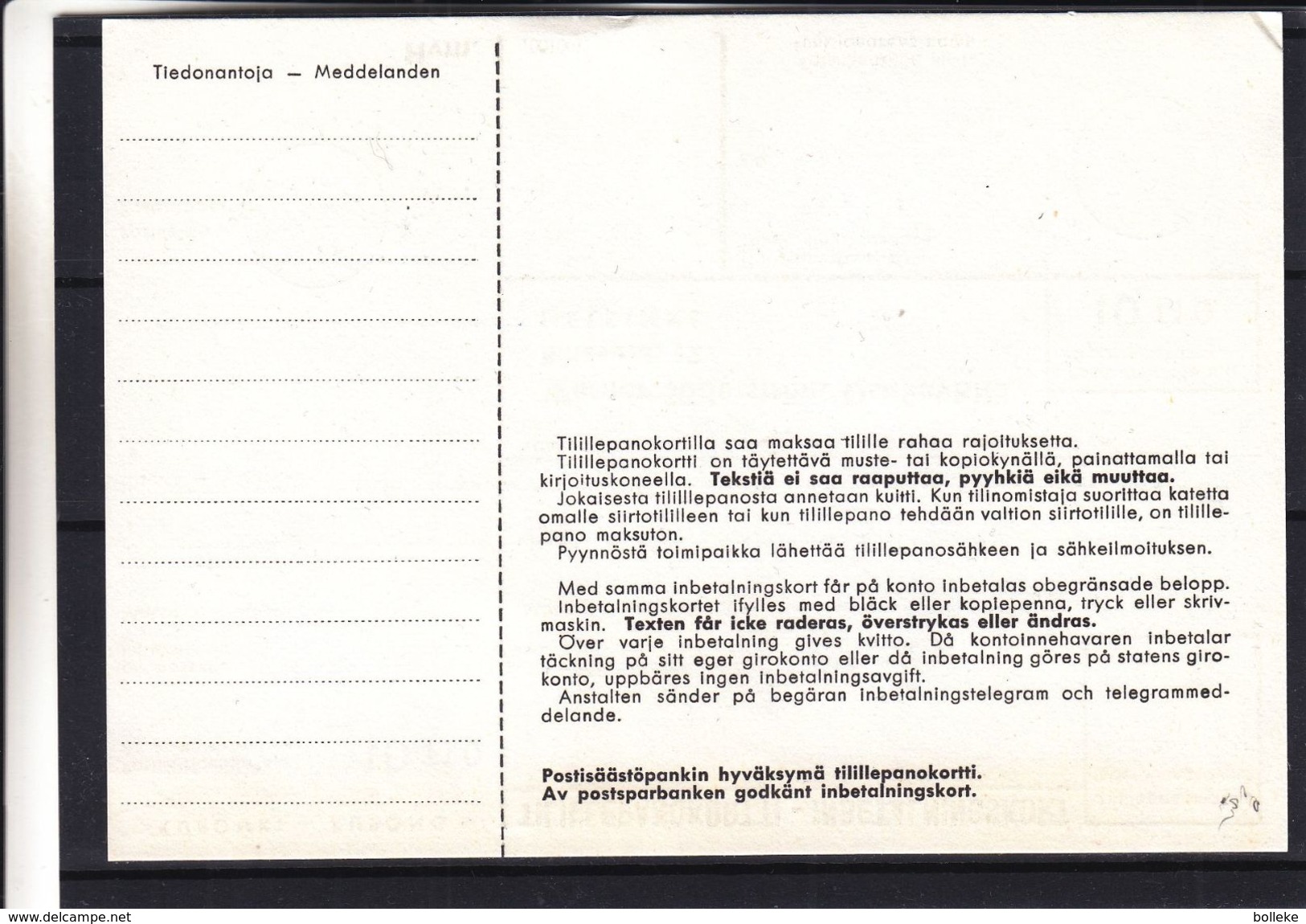 Finlande - Document Pour Versement - Inbetalningskort - Lettres & Documents