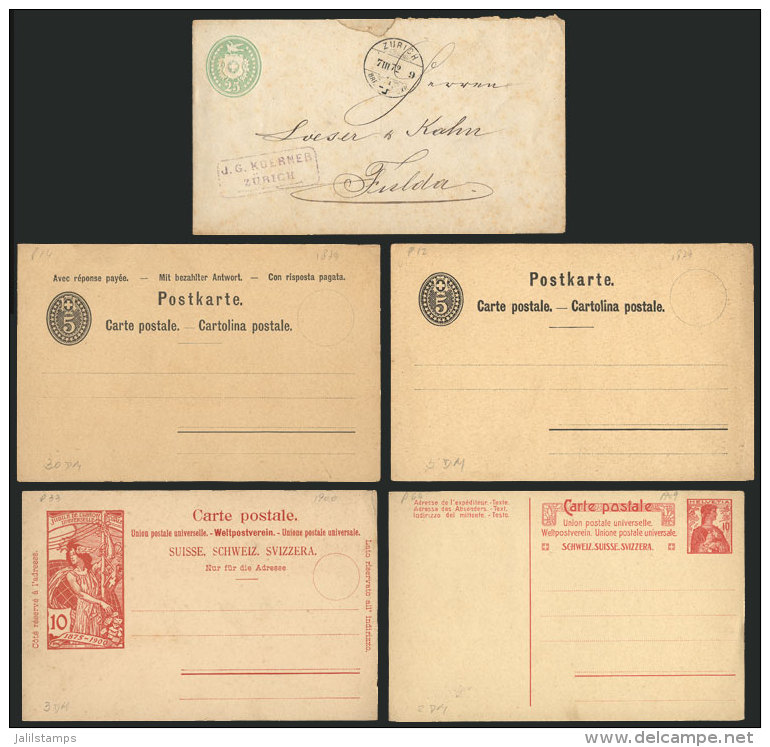 4 Unused Old Postal Stationeries (one Card Is Double, With Reply Paid) + 1 Cover Of 25c. Sent From Zurich To Fulda... - Otros & Sin Clasificación