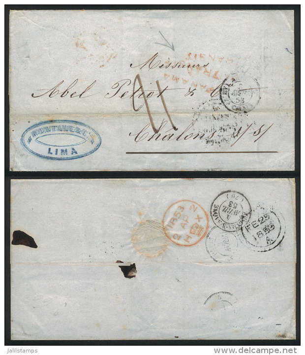 Folded Cover Sent From Lima To France On 12/FE/1853, With Transit Mark Of Panam&aacute; 25/FE, 2-line "PANAMA... - Peru