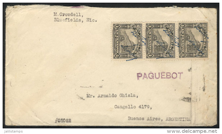 Cover Sent From Bluefields To Argentina Franked With 3c. (Sc.513 Strip Of 3) With Overprinted Control Mark... - Nicaragua