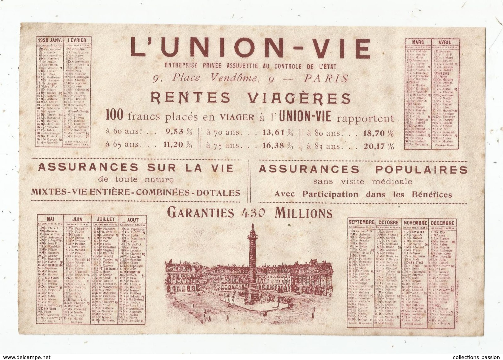 Calendrier , Grand Format , L'UNION - VIE , 1928 , Frais Fr : 1.55 Euros - Grand Format : 1921-40