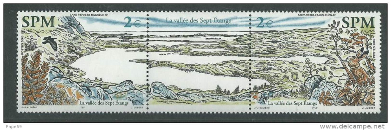 St Pierre Et Miquelon N° 853 / 54 XX La Vallée Des Sept Etangs Les 2 Valeurs Avec Vignette Centrale Sans Charnière,TB - Oblitérés