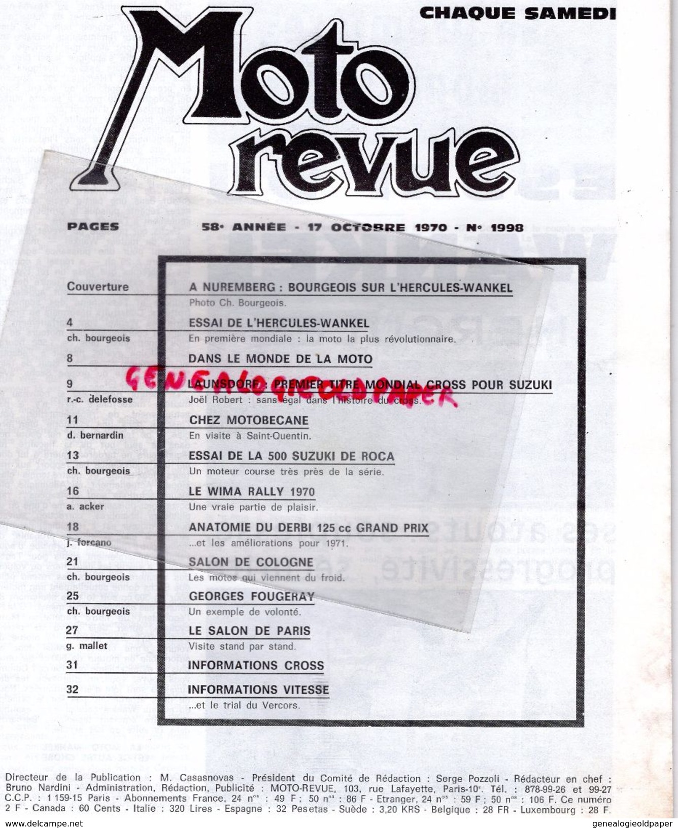 MOTO REVUE -N° 1998-17-10-1970-HERCULES-WANKEL-AUTRICHE-500 SUZUKI ROCA-125 DERBY-PARIS COLOGNE-JAWA CZ-POCH NEUILLY- - Moto