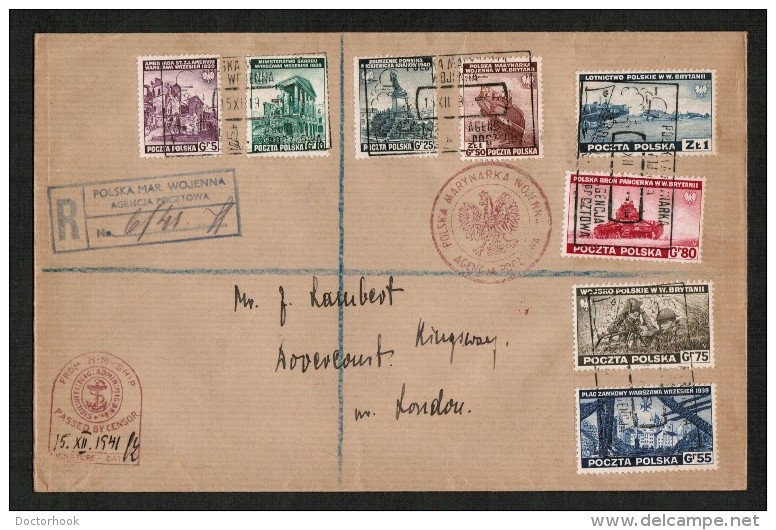 POLAND  Scott # 3K1-8  On REGISTERED CENSOR COVER To LONDON W/WAX SEAL  (15/12/1941) - Londoner Regierung (Exil)