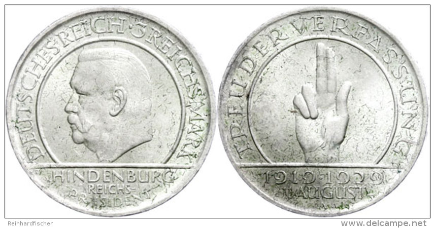 3 Reichsmark, 1929 A, Schwurhand, Gr&uuml;nspan, Vz., Katalog: J. 340 Vz3 Reichmark, 1929 A, Oath Hand,... - Autres & Non Classés