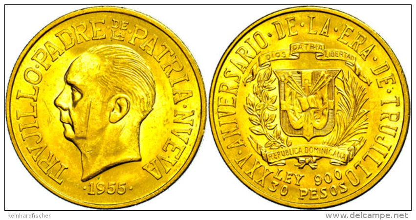 30 Pesos, Gold, 1955, President Trujillo, Fb. 1, Kratzer, Kl. Rf., Vz+.  30 Peso, Gold, 1955, President... - Dominicaine