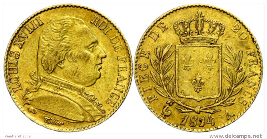 20 Francs, Gold, 1814, Louis XVIII., Mzz A Paris, Fb. 525, Gadoury 1026, Ss.  Ss20 Franc, Gold, 1814, Louis... - Autres & Non Classés