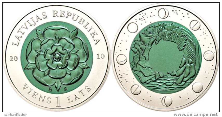 1 Lats, 2010, Heraldische Rose - Gr&uuml;n Oxidiert, KM 114, Sch&ouml;n 115, Im Etui Mit Kapsel Und Zertifikat,... - Lettonie