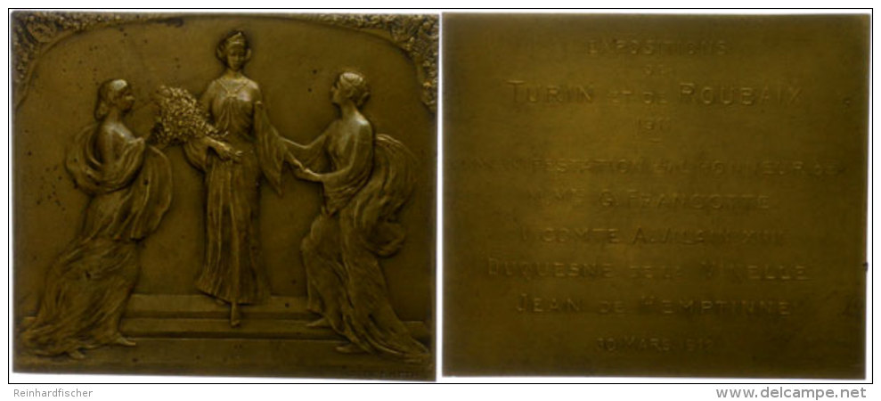 Belgien, Rechteckige Bronzeplakette (ca. 65x55,20mm, Ca. 80,87g), 1912, Von De Smeth, Auf Die Ausstellung In Turin... - Autres & Non Classés