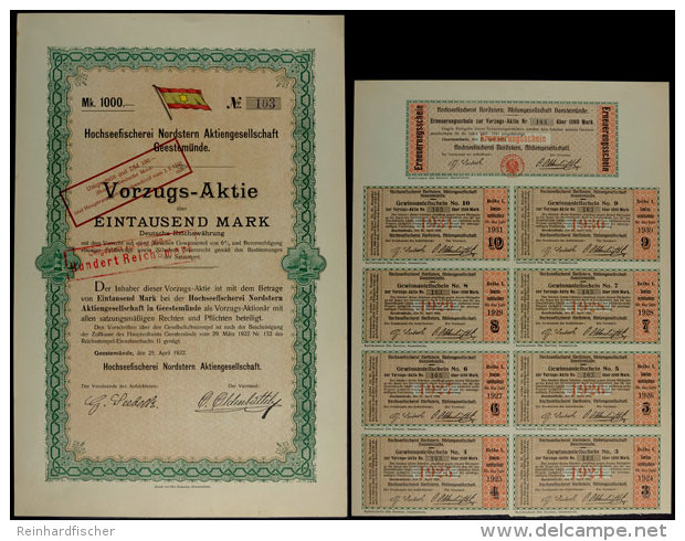 Geestem&uuml;nde 1922, Hochseefischerei Nordstern AG Geestem&uuml;nde, Vorzugsaktie &uuml;ber 1000 Mark Mit Dem... - Non Classés