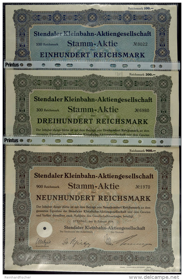 Stendal (Sachsen) 1929, Stendaler Kleinbahn-AG, 3 Stammaktien &uuml;ber 100 RM, 300 RM  Und 900 RM. 3 Seltene... - Non Classés