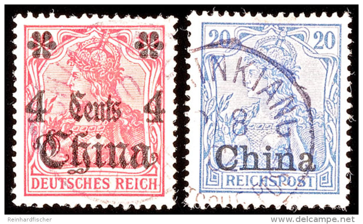 TSCHINKIANG 13 8 02 Und 2 10 11, Je Teilstempel Auf 20 Pf. Reichspost Bzw. 4 C. Auf Germania 10 Pf. Mit Wz.,... - Chine (bureaux)