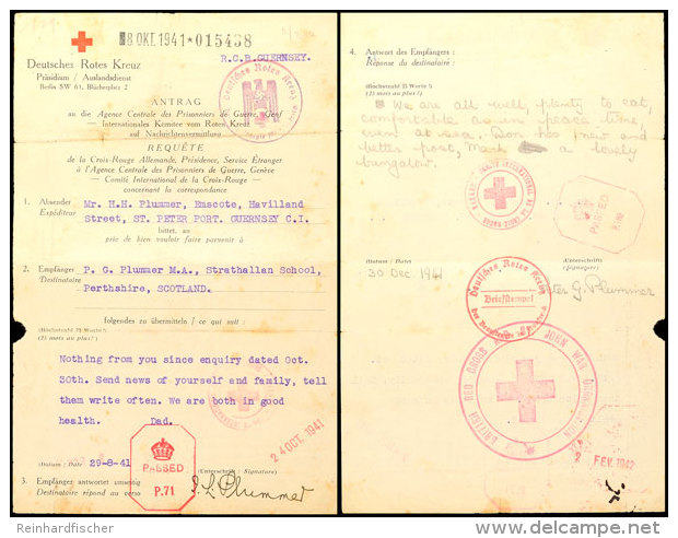 Nachrichten&uuml;bermittlung Vom 29.8.41 Auf Formular Des Deutschen Roten Kreuzes Von Guernsey Nach Schottland Und... - 2° Guerre Mondiale